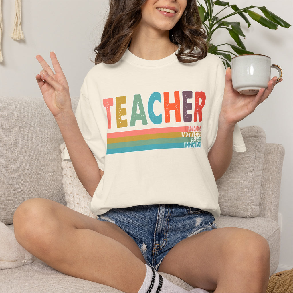Teacher Rainbow Stripes T-Shirt — Retro Colorful Educator Tee