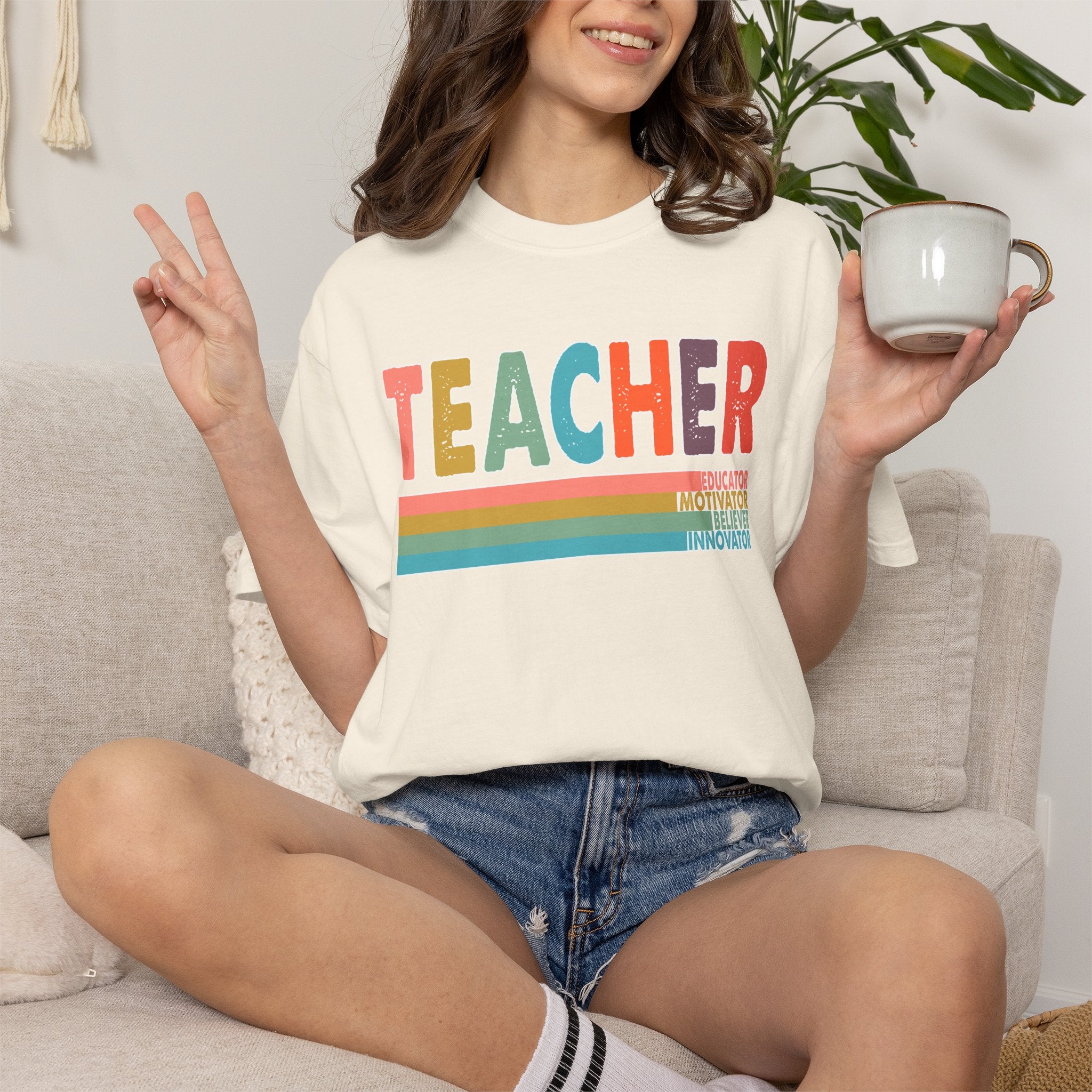 Teacher Rainbow Stripes T-Shirt — Retro Colorful Educator Tee