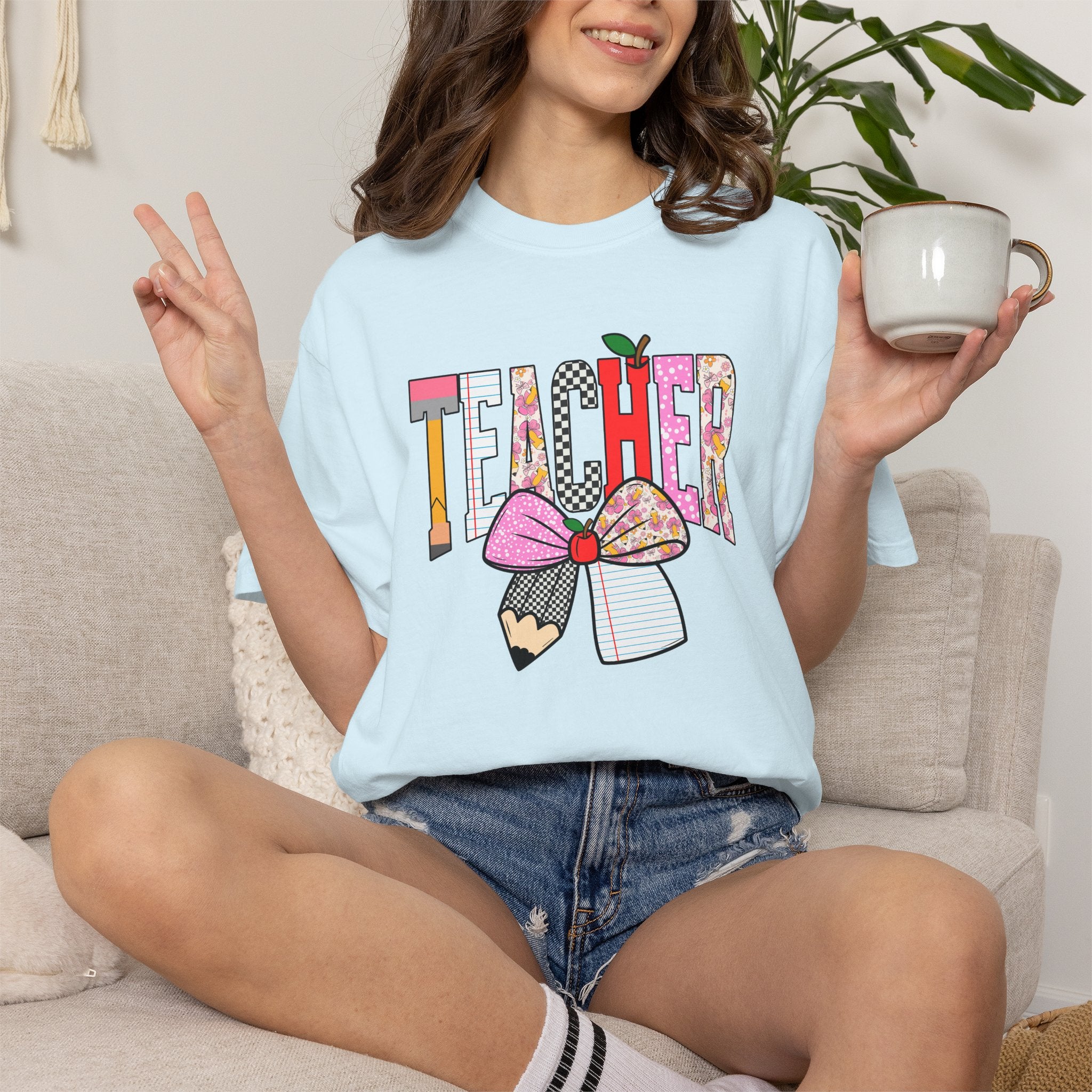Teacher Graphic T-Shirt — Colorful Pencil & Bow Design