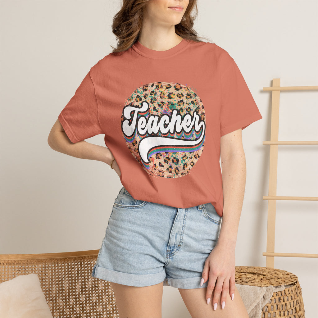 Teacher Leopard Circle T-Shirt — Retro Rainbow Script Tee for Educators