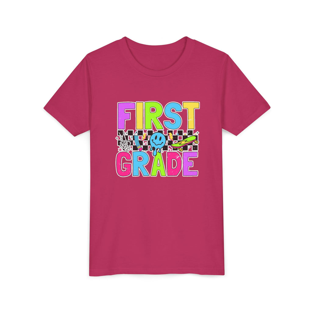 First Grade Youth T‑Shirt — Colorful Checkerboard Smile Back‑to‑School Tee