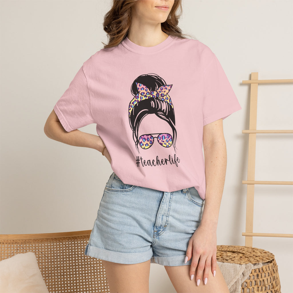 Teacher Life Floral Messy Bun T-Shirt