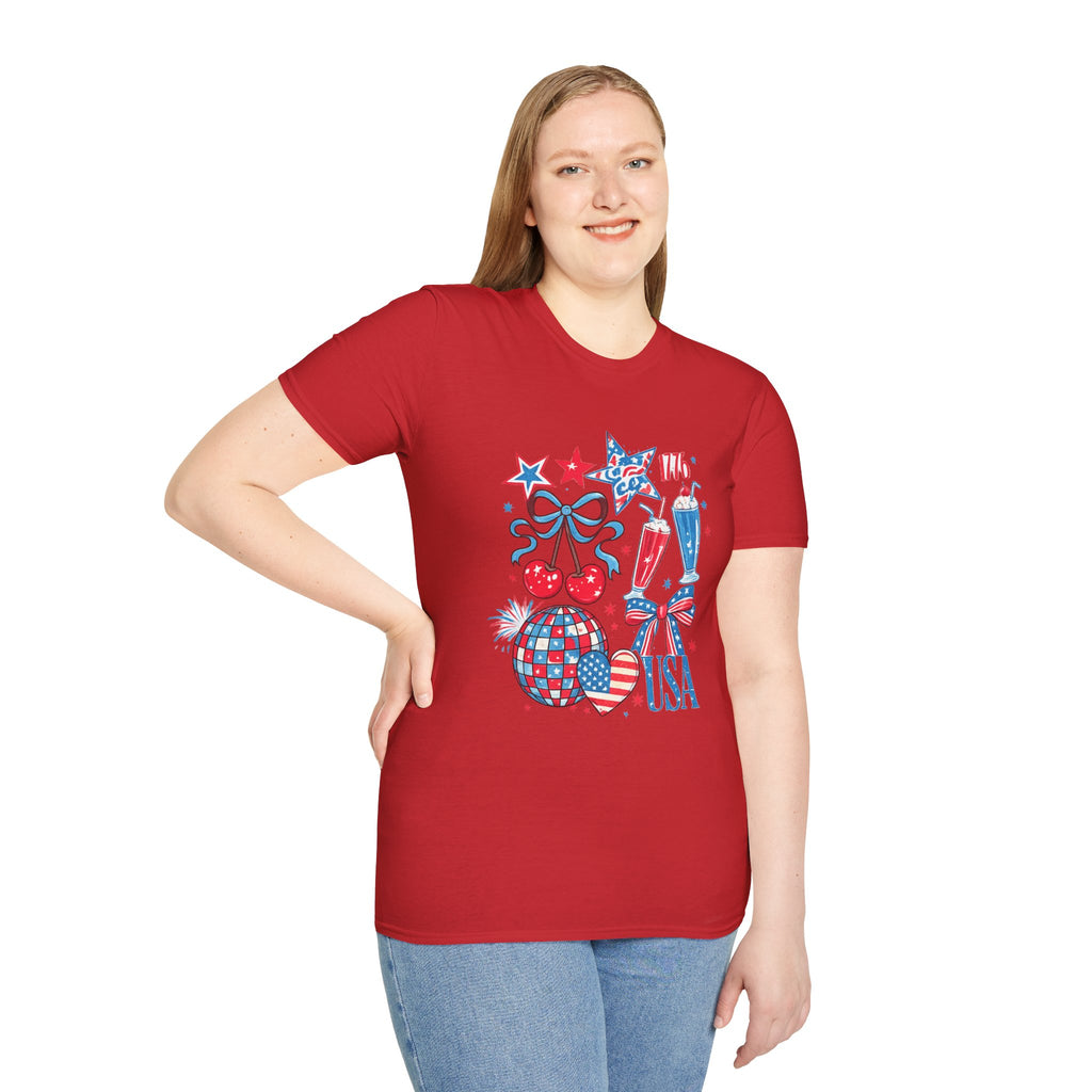 Patriotic 4th of July T-Shirt — USA 1776 Red White Blue Cherry & Soda Design