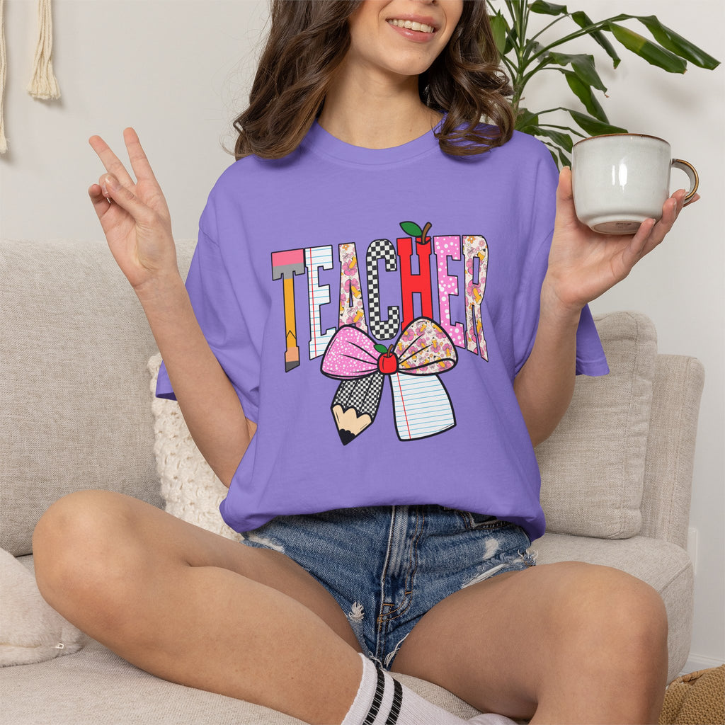 Teacher Graphic T-Shirt — Colorful Pencil & Bow Design