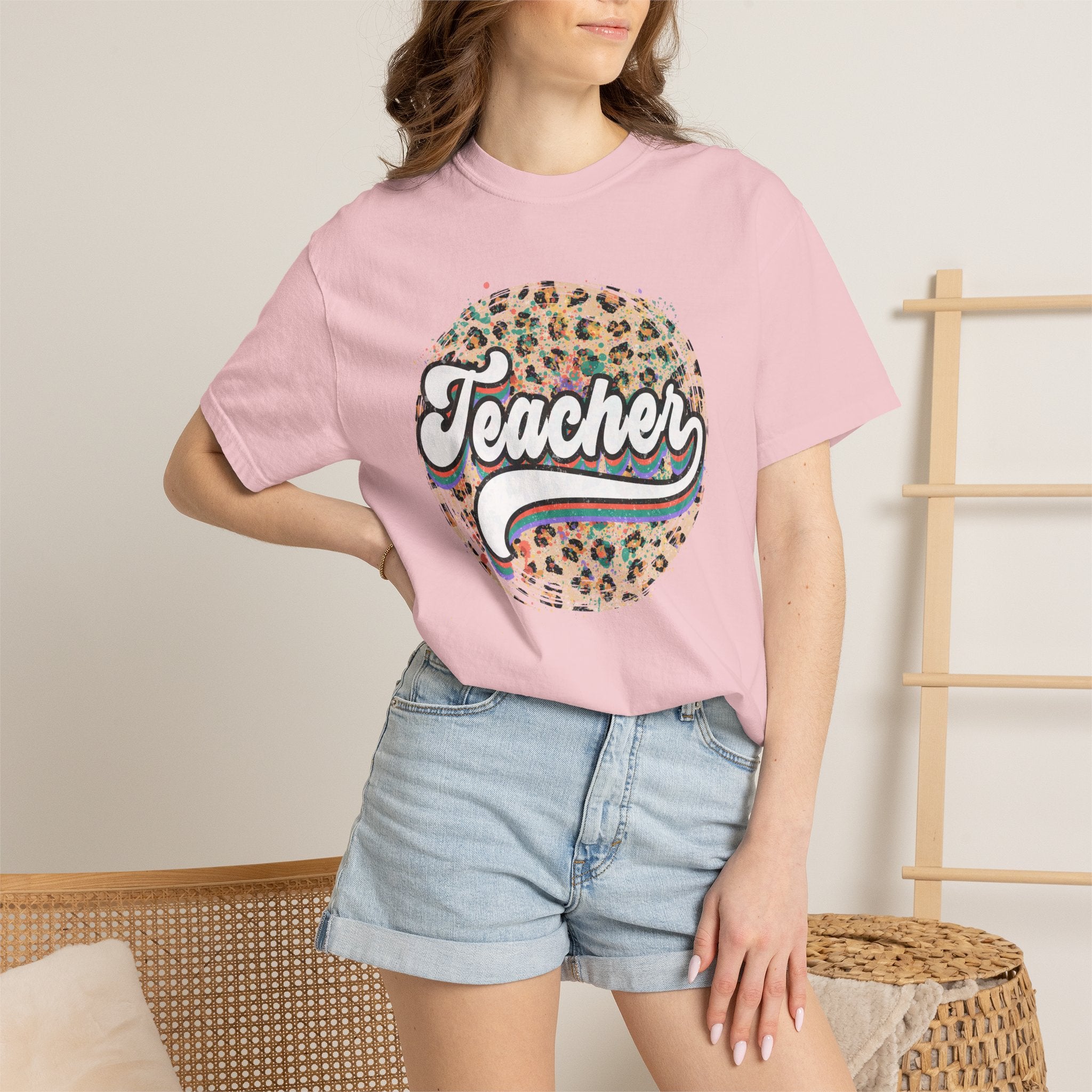 Teacher Leopard Circle T-Shirt — Retro Rainbow Script Tee for Educators