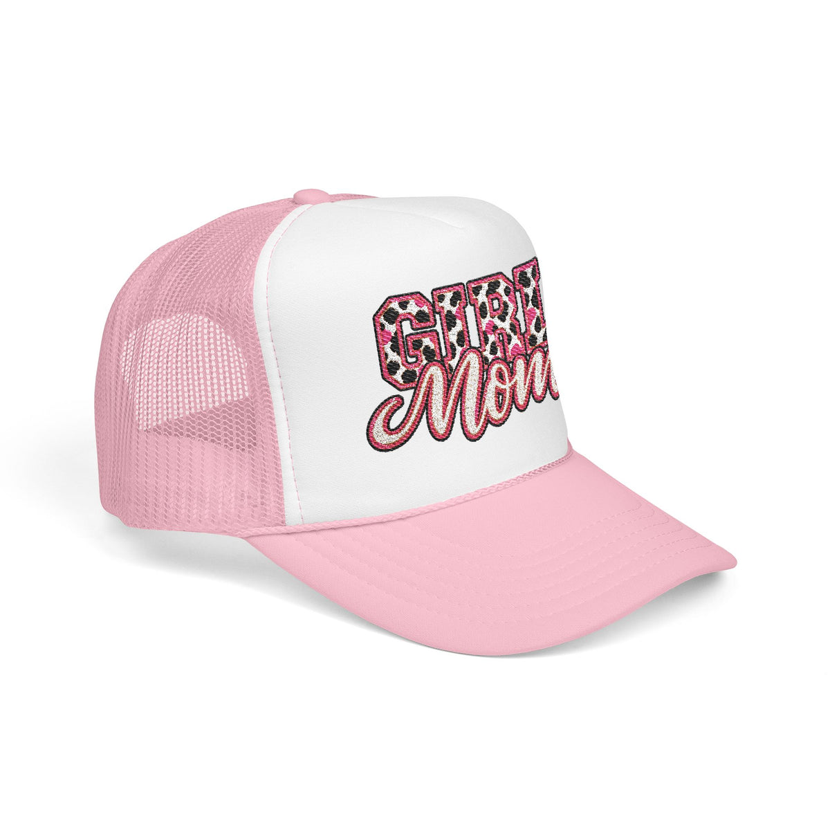 Girl Mom Leopard Foam Trucker Hat — Pink Glitter Script Mesh Cap