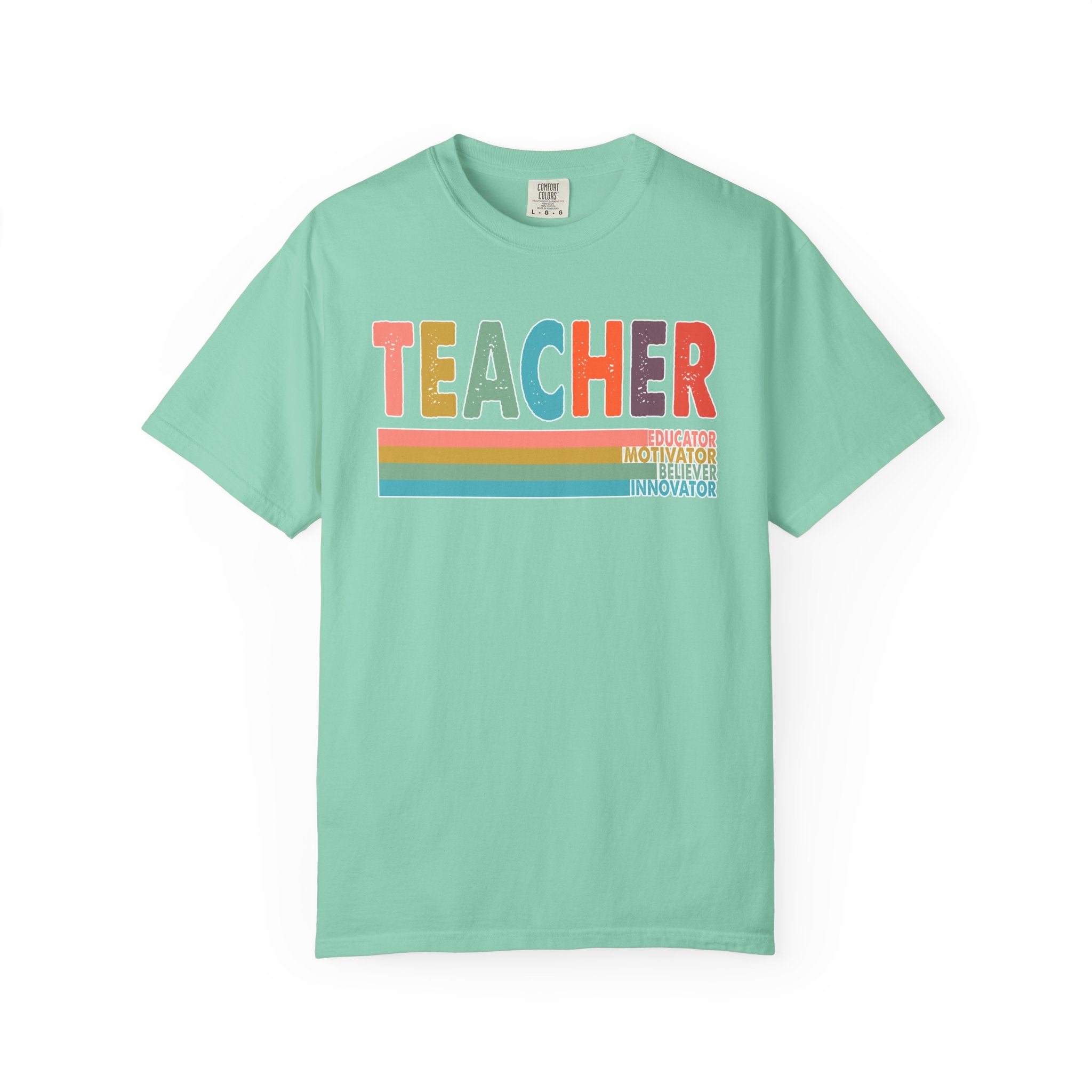Teacher Rainbow Stripes T-Shirt — Retro Colorful Educator Tee