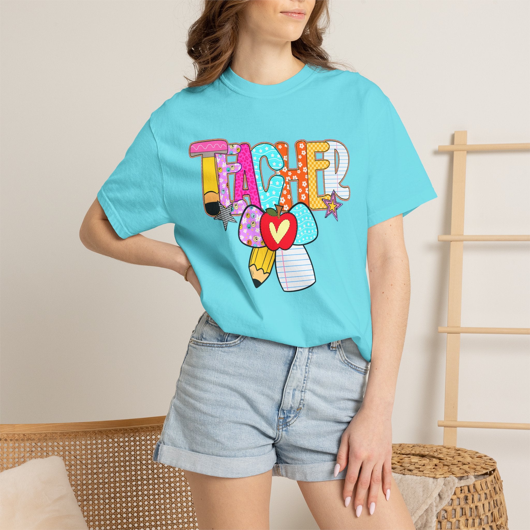 Teacher Doodle Graphic T‑Shirt — Colorful Pencil & Apple School Design