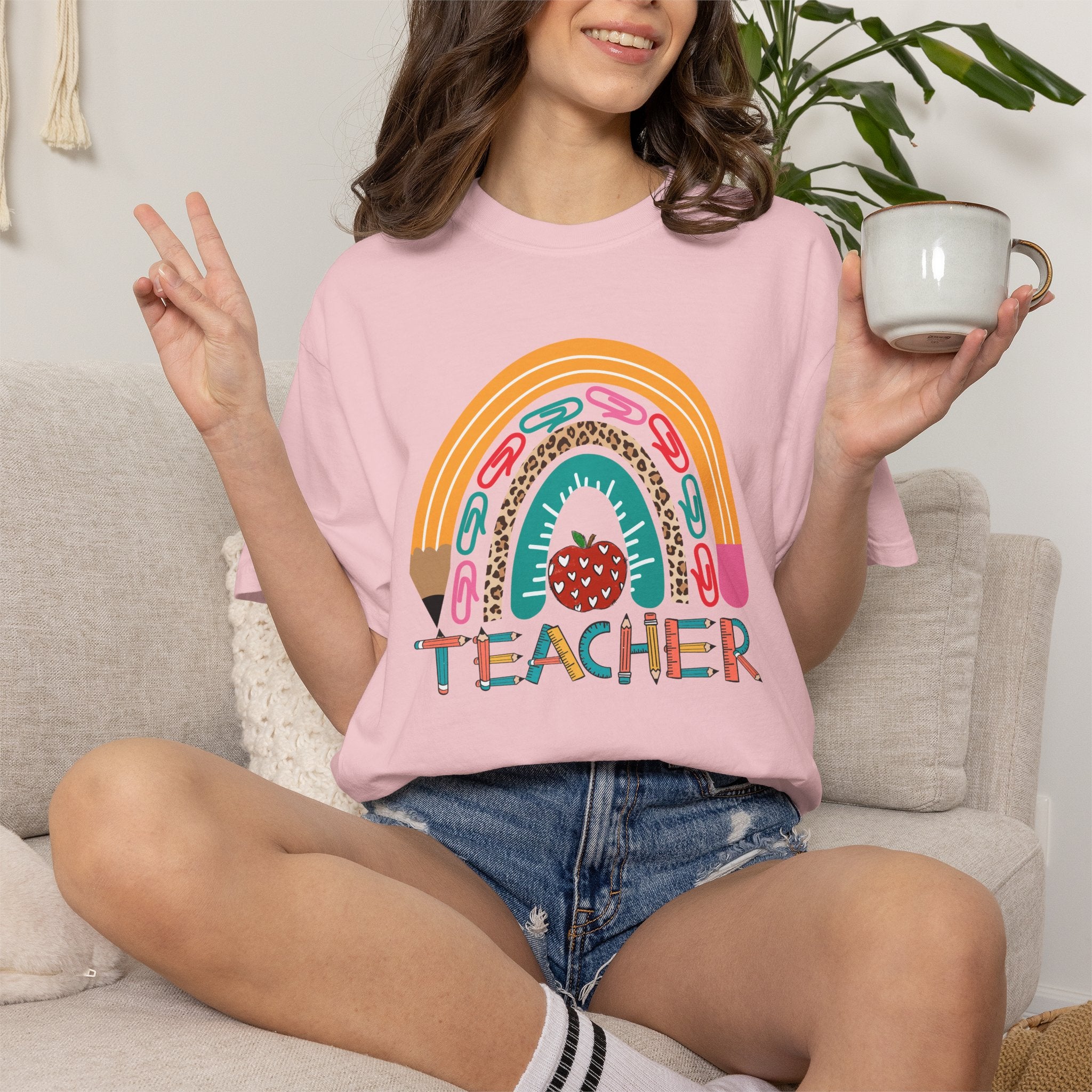 Teacher Rainbow T-Shirt — Cute Apple & Pencil Back-to-School Tee
