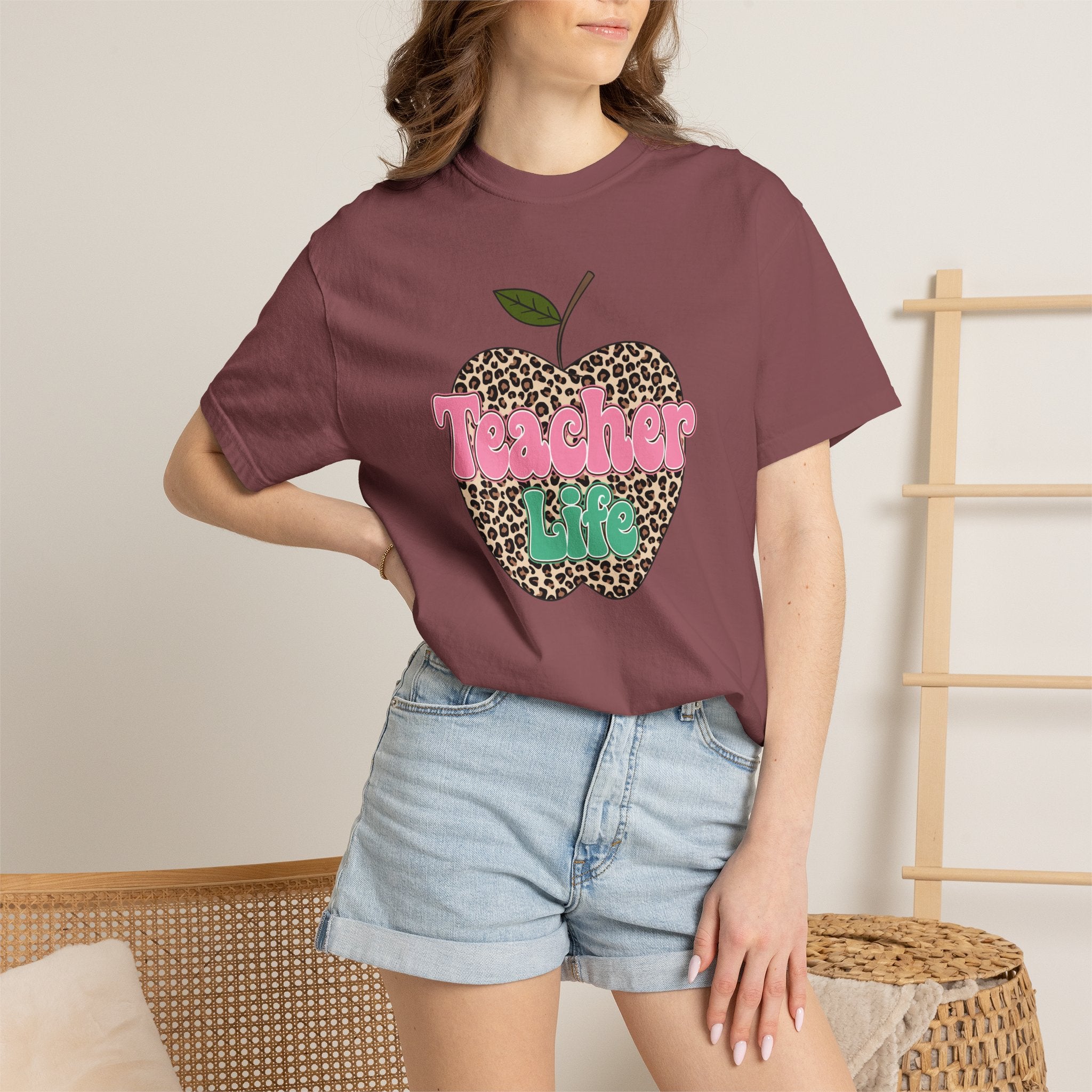 Teacher Life T-Shirt — Leopard Apple Graphic Tee for Educators