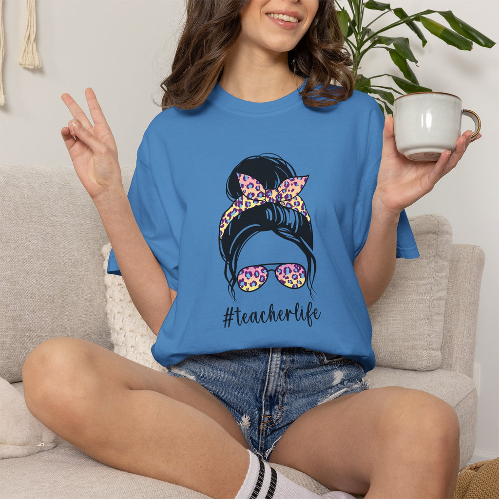 Teacher Life Floral Messy Bun T-Shirt