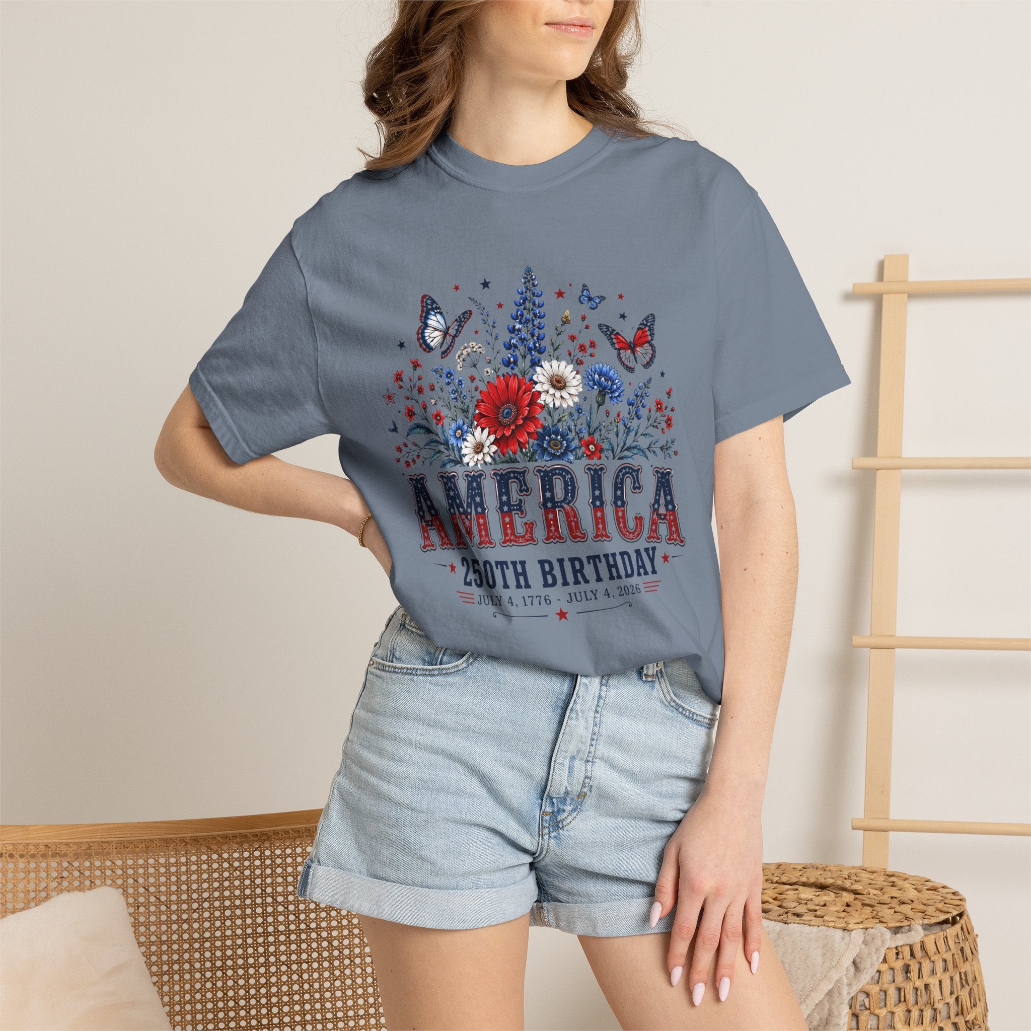America 250th Birthday T-Shirt — Patriotic Floral July 4th Tee