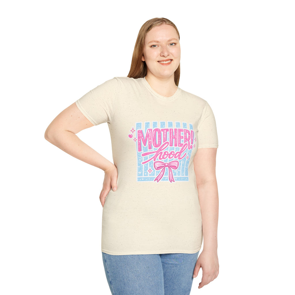 Motherhood Retro Tee — "Mother!hood" Pink & Blue Graphic T-Shirt for New Moms