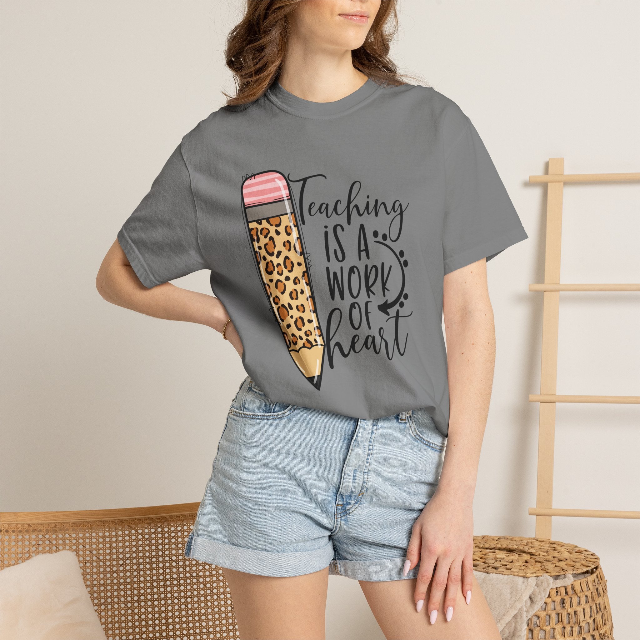 Teaching Is a Work of Heart Leopard Pencil T-Shirt — Teacher Appreciation Gift