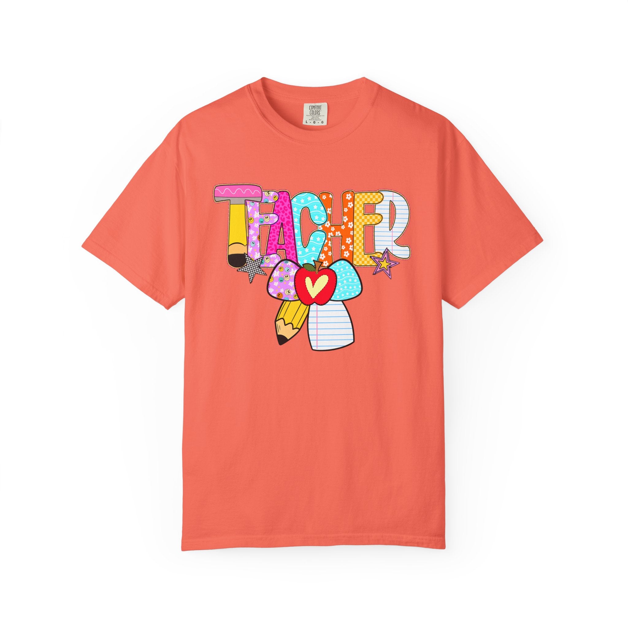 Teacher Doodle Graphic T‑Shirt — Colorful Pencil & Apple School Design