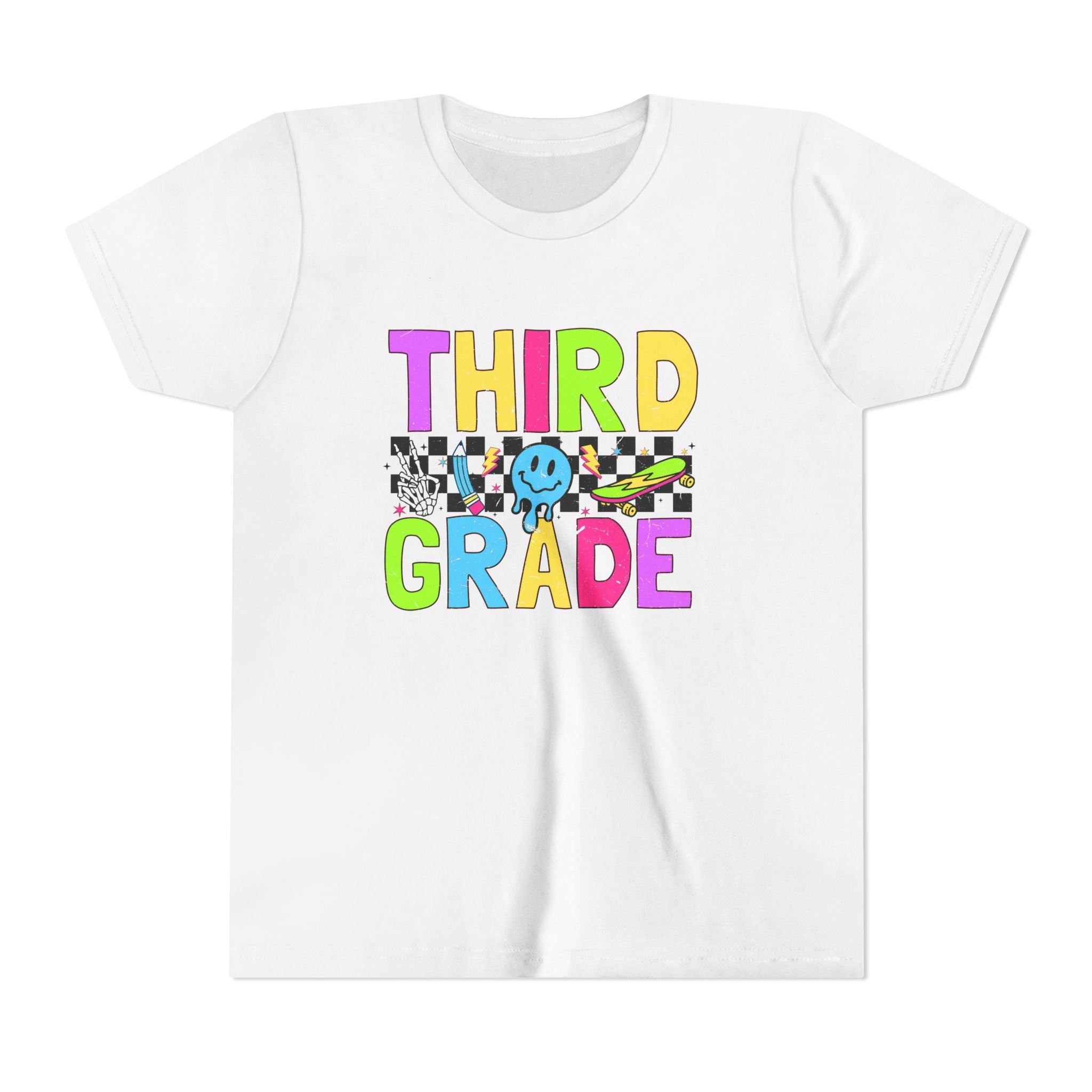Third Grade Youth T‑Shirt — Colorful Checkerboard Smileback School Tee