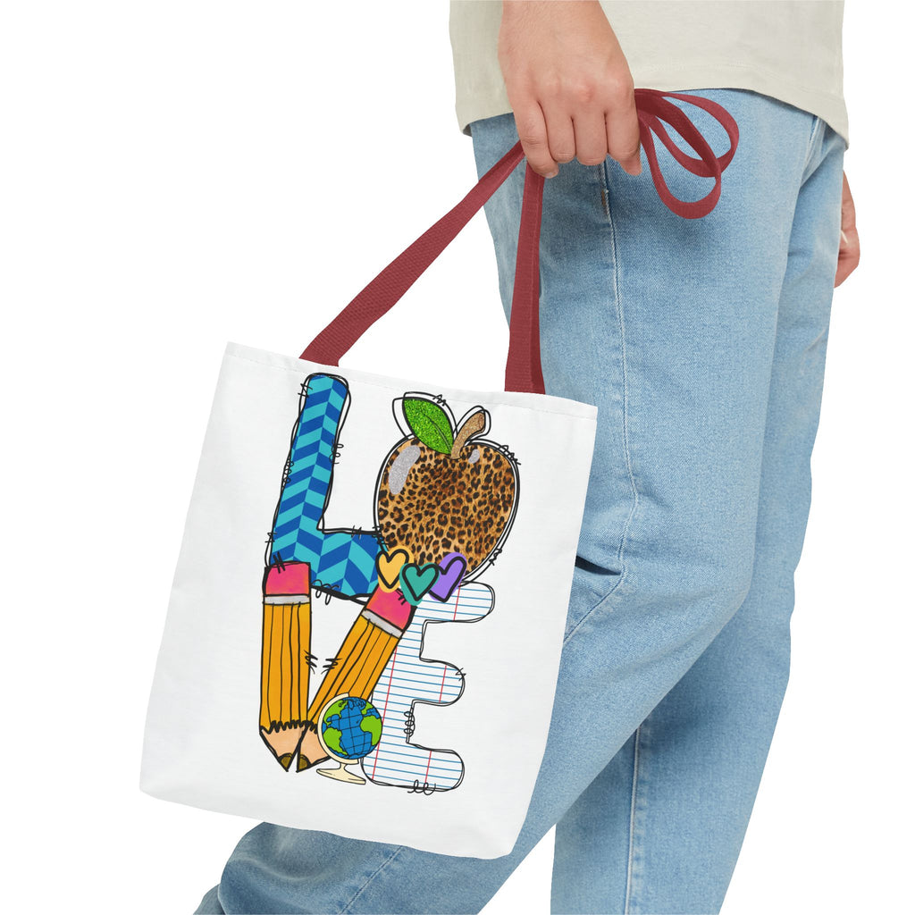Love Teacher Tote Bag — Colorful School Apple & Pencil AOP Tote
