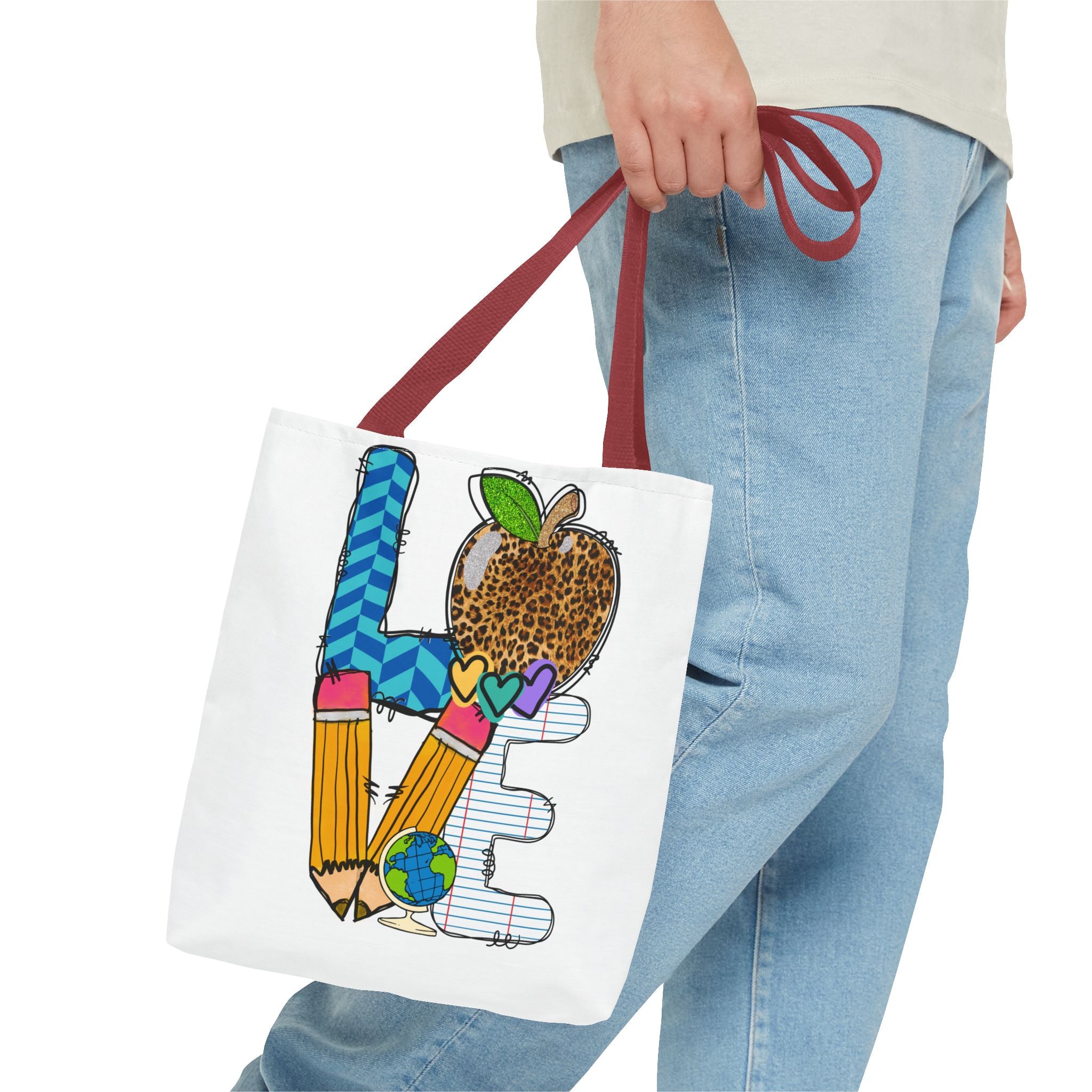 Love Teacher Tote Bag — Colorful School Apple & Pencil AOP Tote