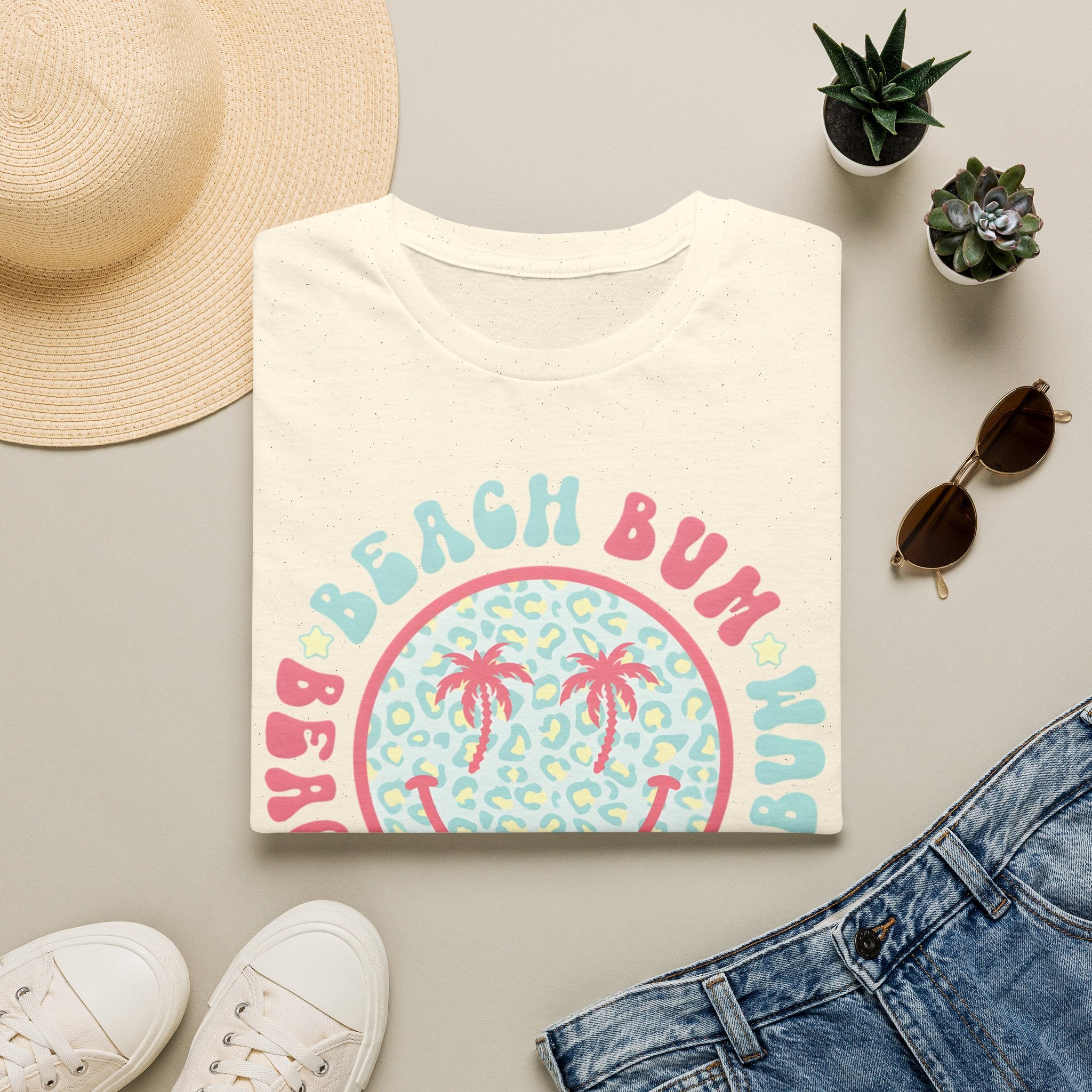 Beach Bum Smiley T-Shirt — Pastel Palm Tree Graphic