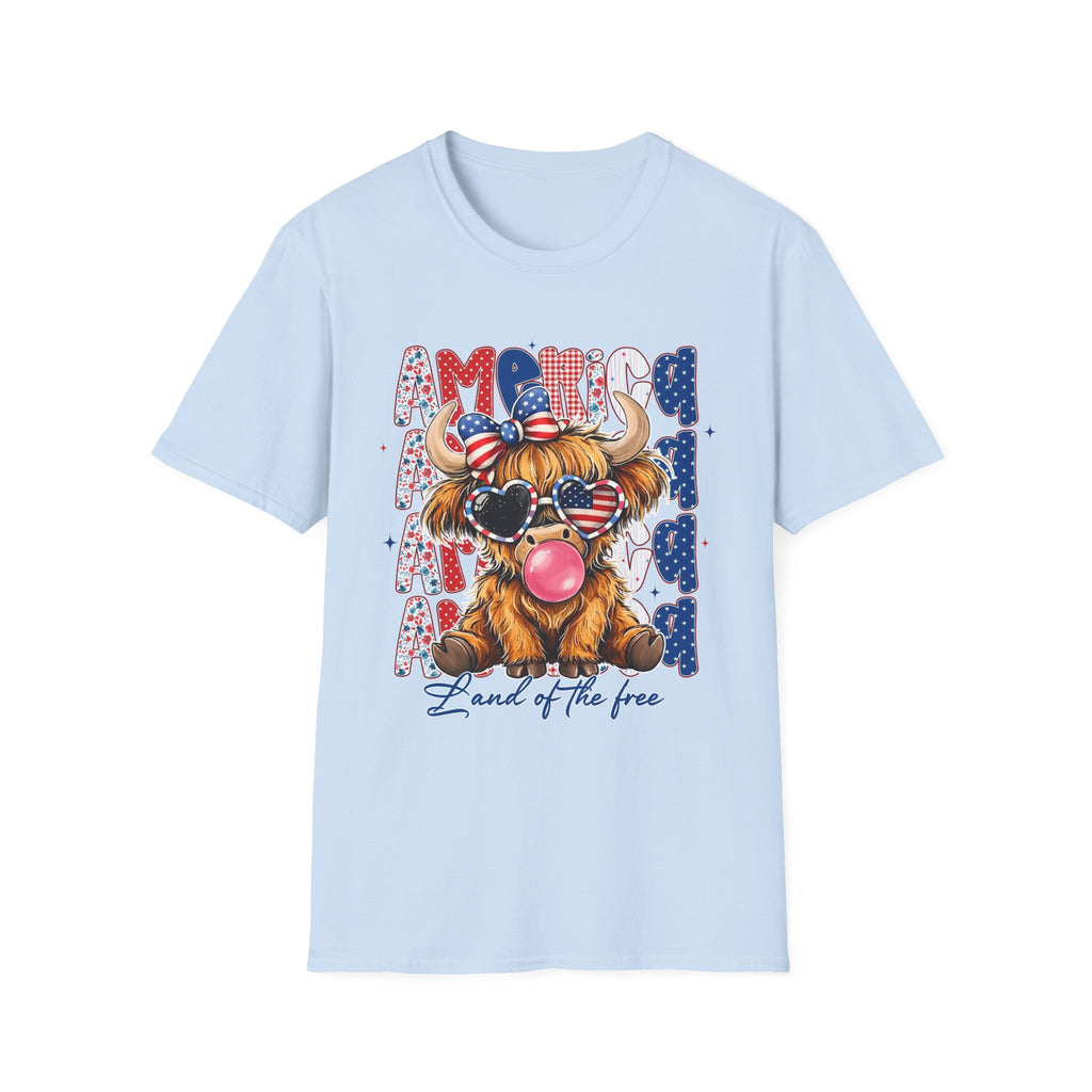 Patriotic Highland Cow T-Shirt — 'Land of the Free' 4th of July Tee