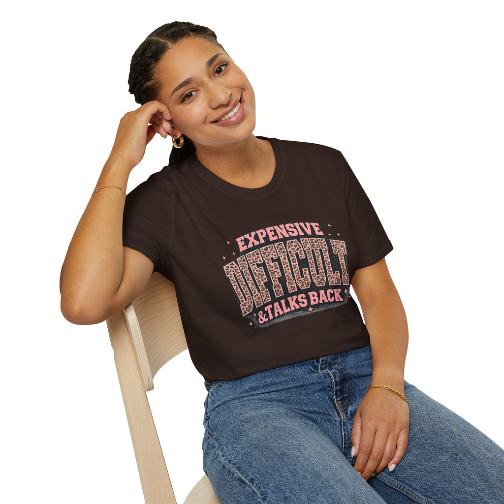 Difficult Talks Back Leopard Graphic T-Shirt — "Expensive Difficult" Feminine Attitude Tee