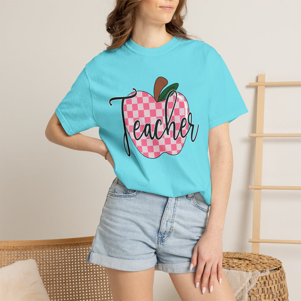 Teacher Apple T-Shirt — Pink Checkered Apple Teacher Tee