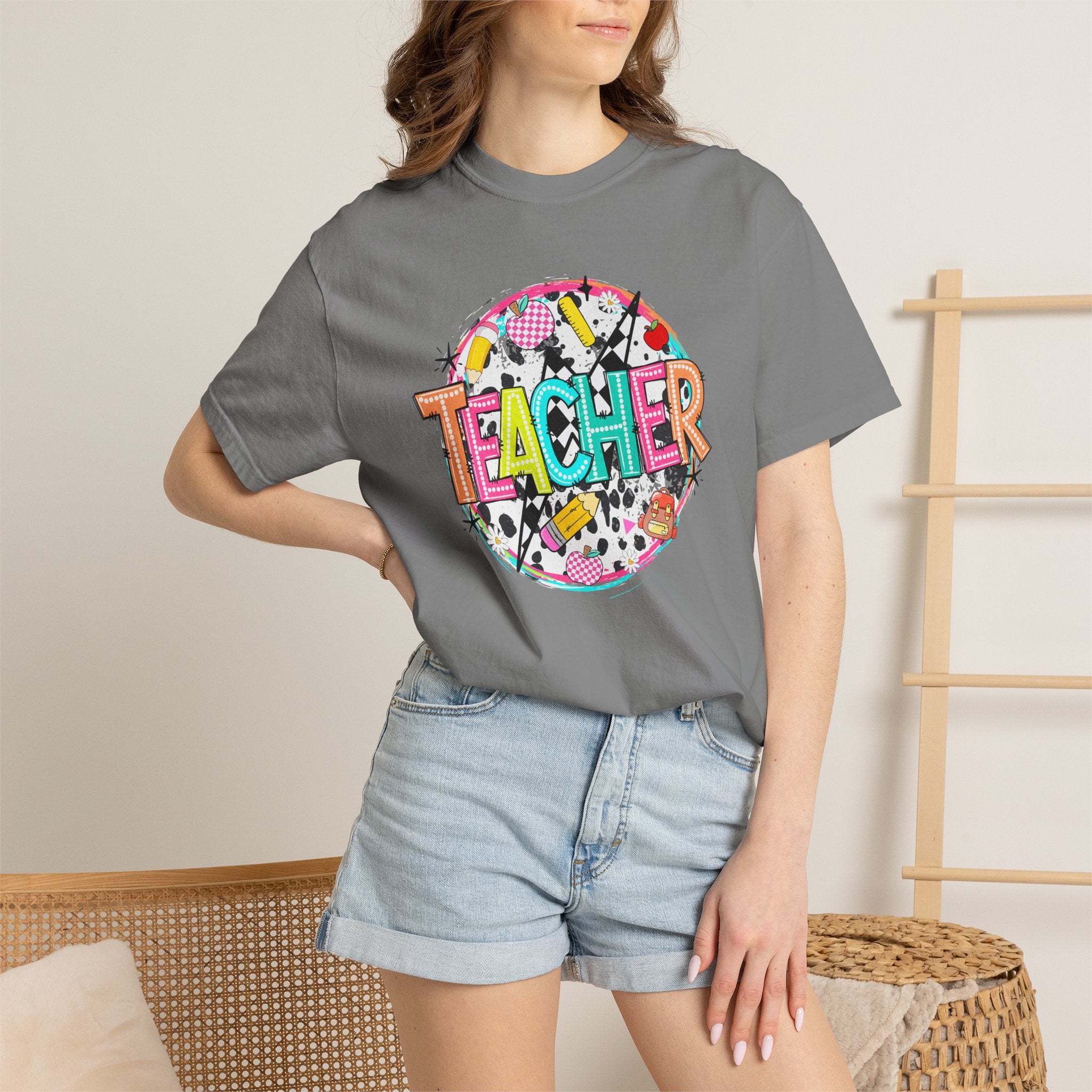 Teacher Graphic T-Shirt — Colorful School Supplies Design