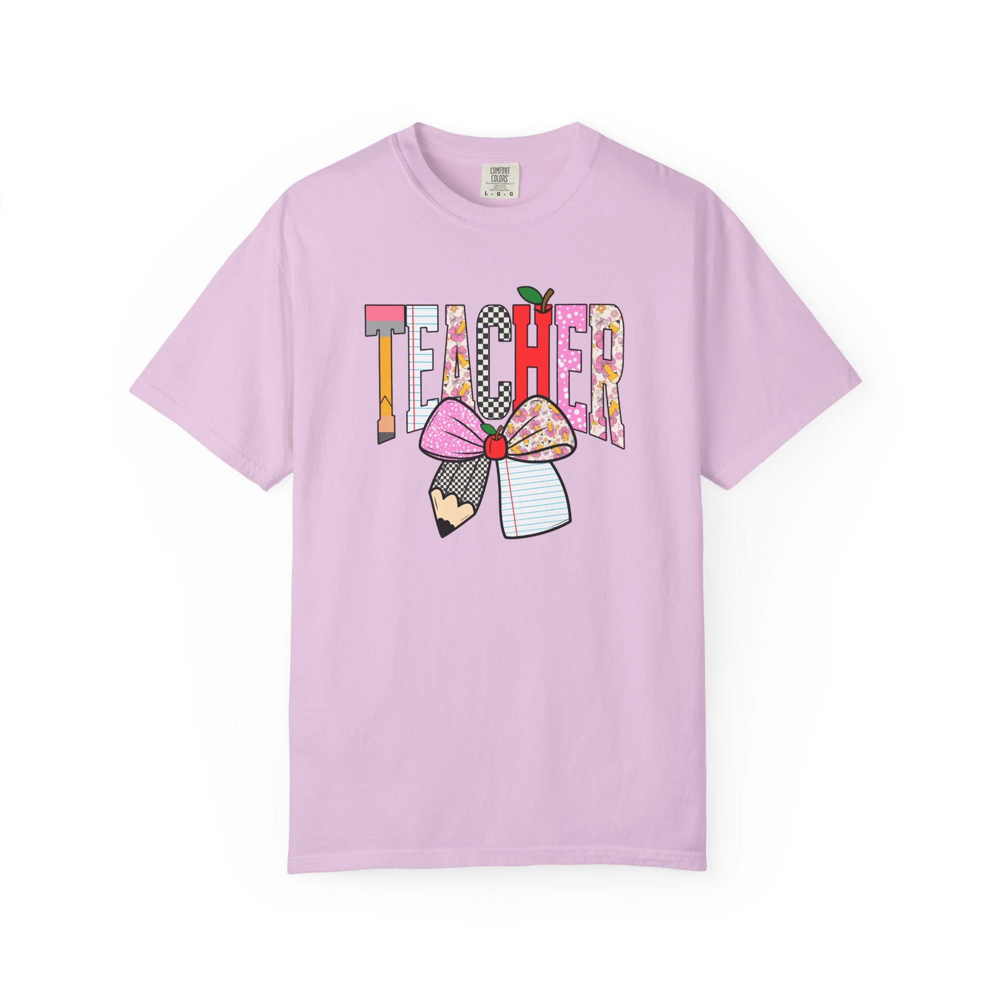 Teacher Graphic T-Shirt — Colorful Pencil & Bow Design