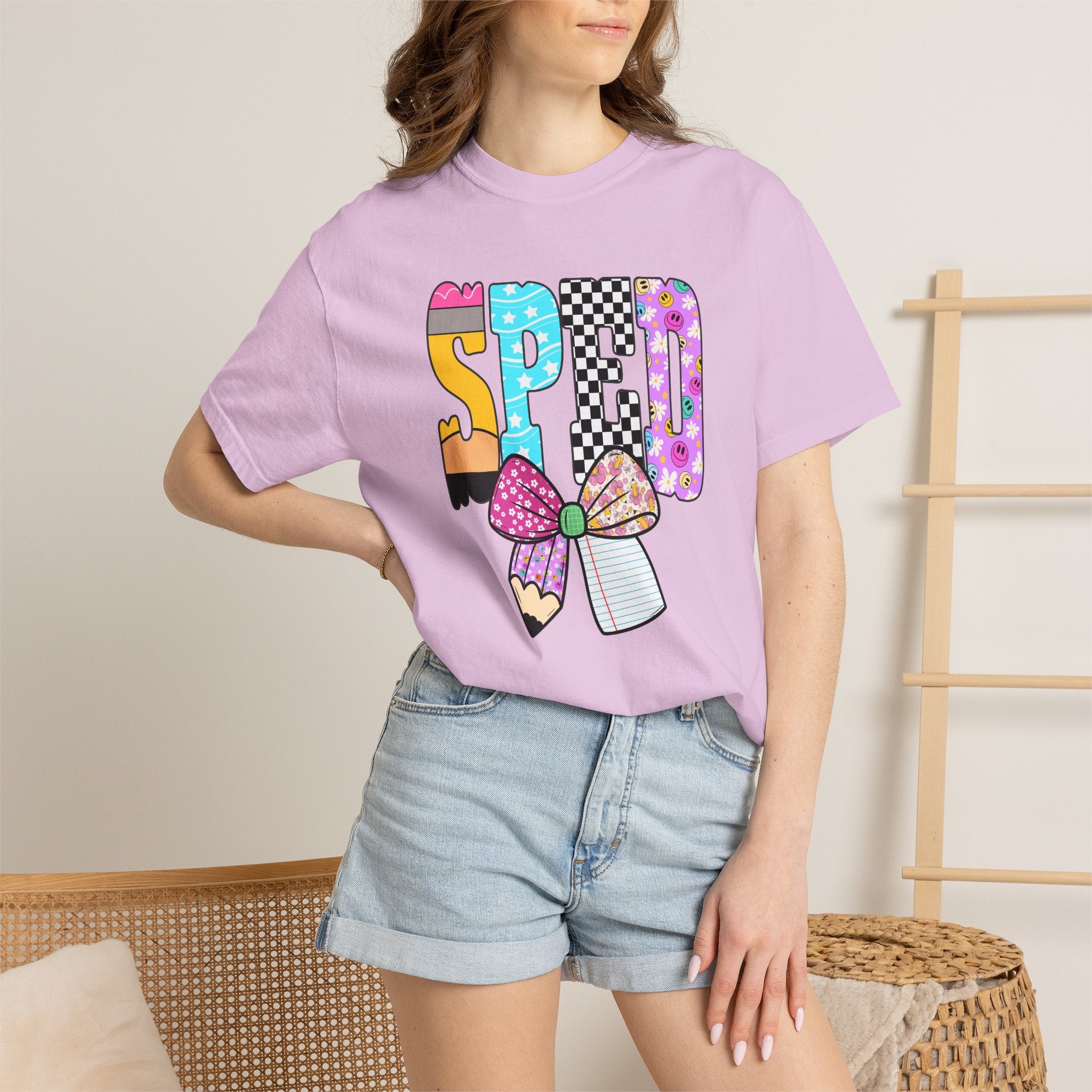 Spring Pencil Bow T-Shirt — Cute Colorful 'SPRING' Graphic Tee
