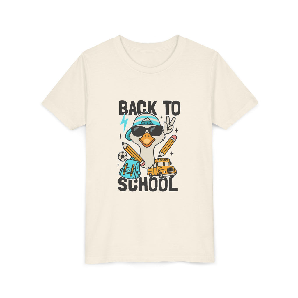 Back to School Duck Youth Tee — Cute Kids School Shirt with Backpack, Bus & Pencil Design