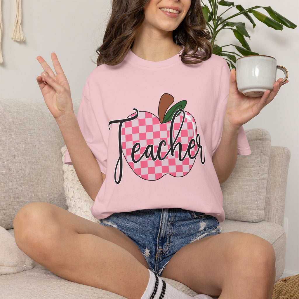 Teacher Apple T-Shirt — Pink Checkered Apple Teacher Tee