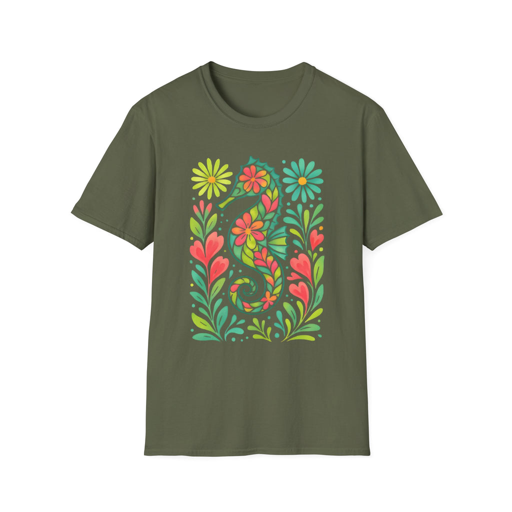 Floral Seahorse T-Shirt — Colorful Tropical Sea Life Tee