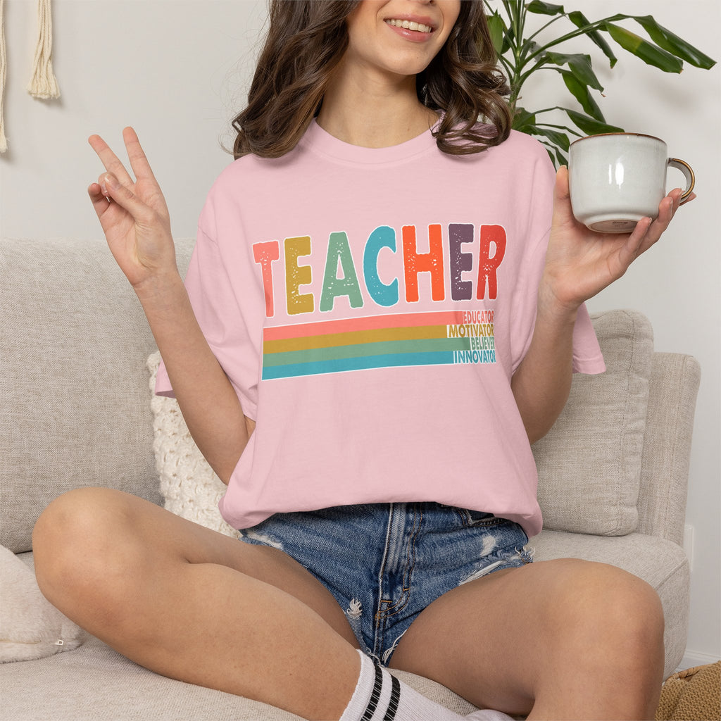 Teacher Rainbow Stripes T-Shirt — Retro Colorful Educator Tee