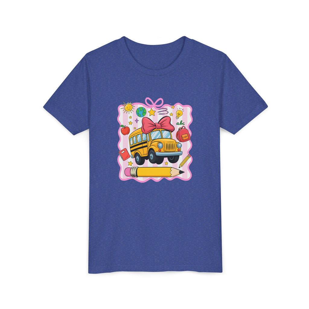 Youth Tee — Cute School Bus Back to School Kids Shirt (Pencil, Apple, Sun)