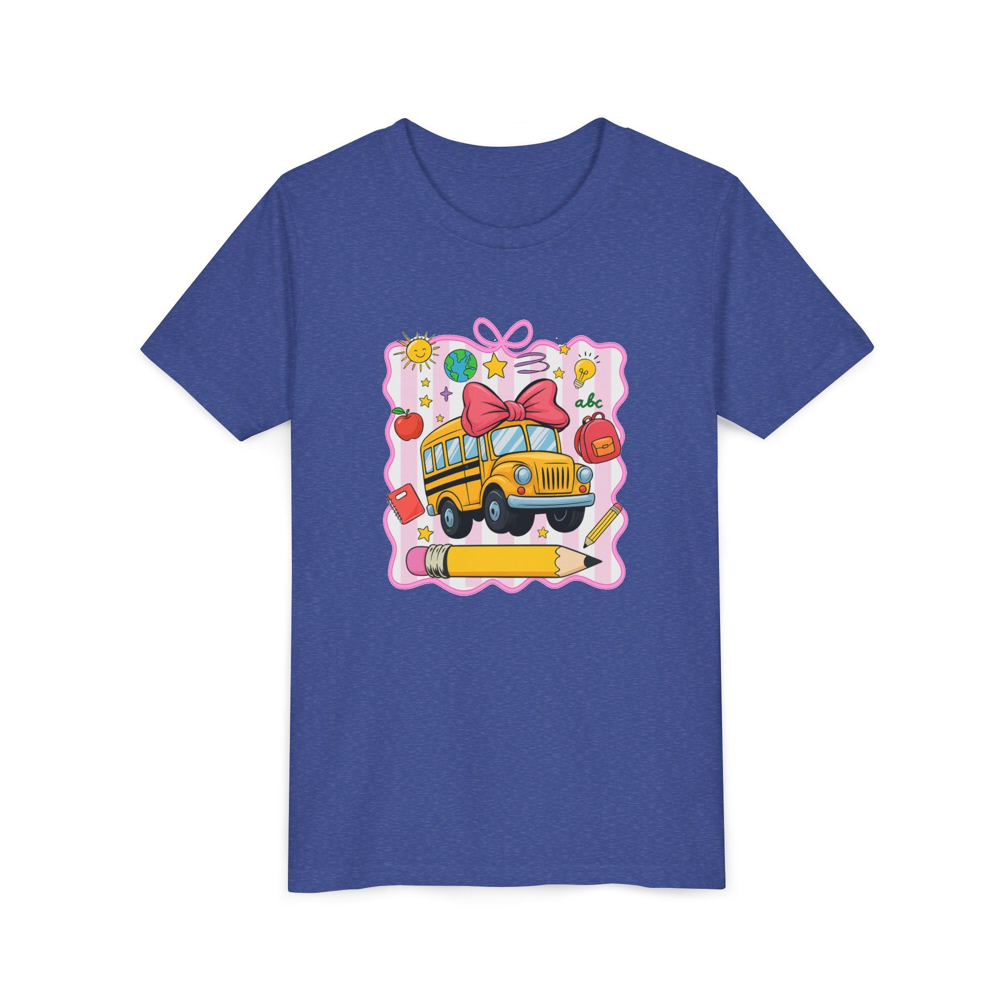 Youth Tee — Cute School Bus Back to School Kids Shirt (Pencil, Apple, Sun)