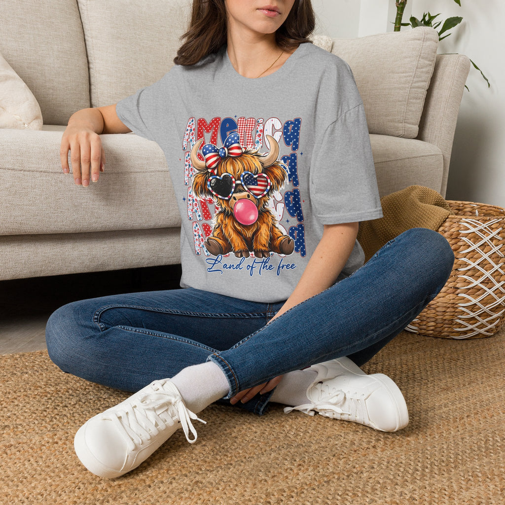 Patriotic Highland Cow T-Shirt — 'Land of the Free' 4th of July Tee
