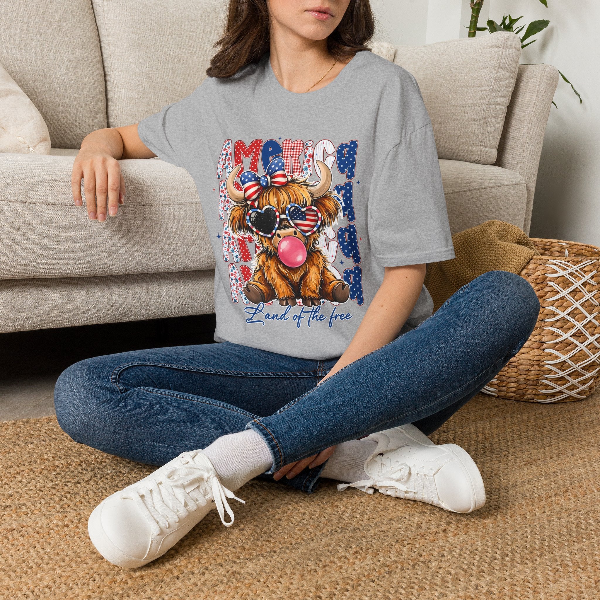 Patriotic Highland Cow T-Shirt — 'Land of the Free' 4th of July Tee