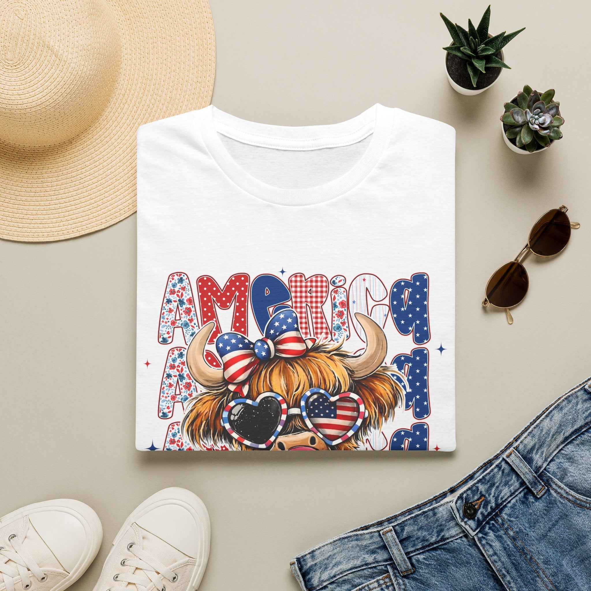 Patriotic Highland Cow T-Shirt — 'Land of the Free' 4th of July Tee