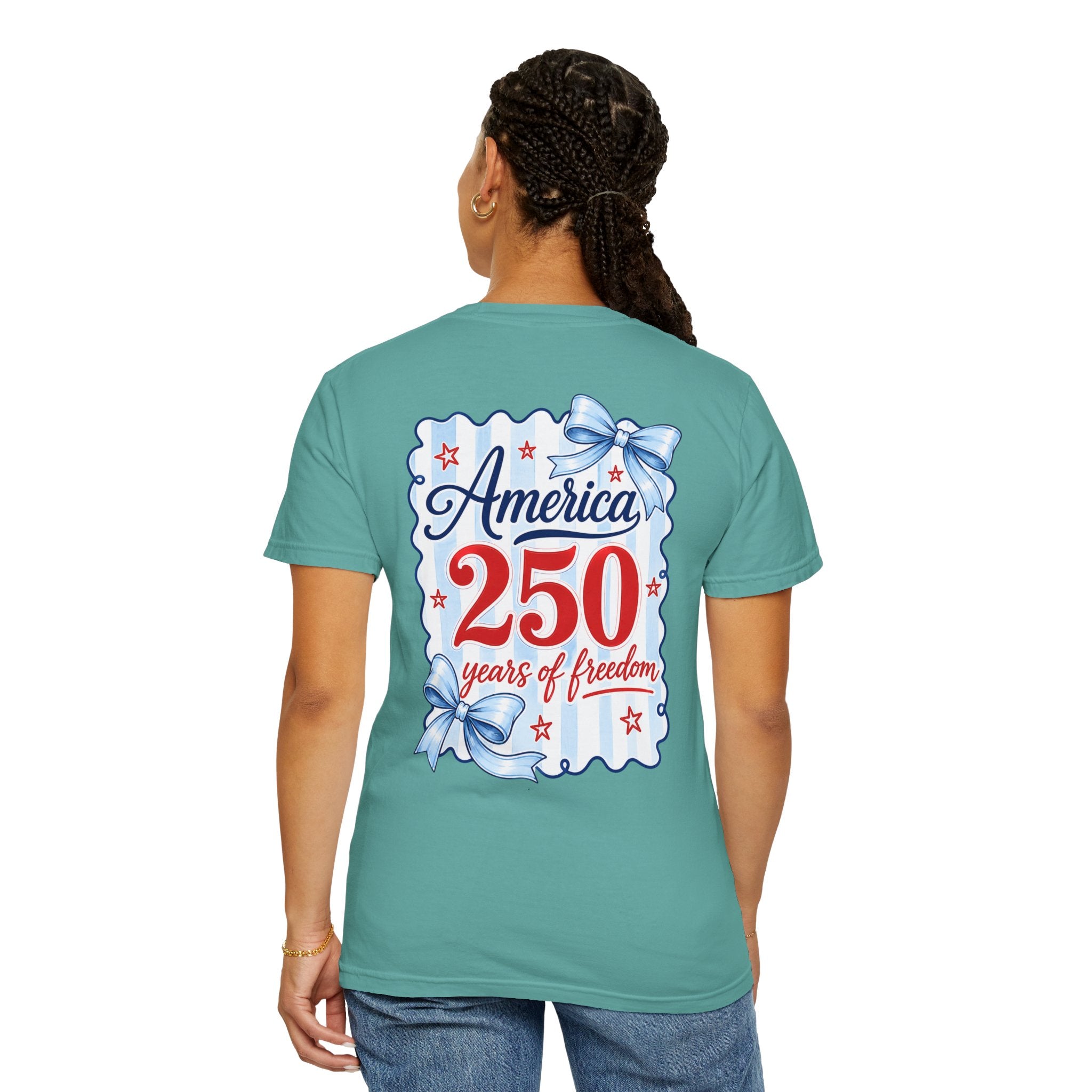 America 250 Years of Freedom T-Shirt — Patriotic Red, White & Blue Bow Tee