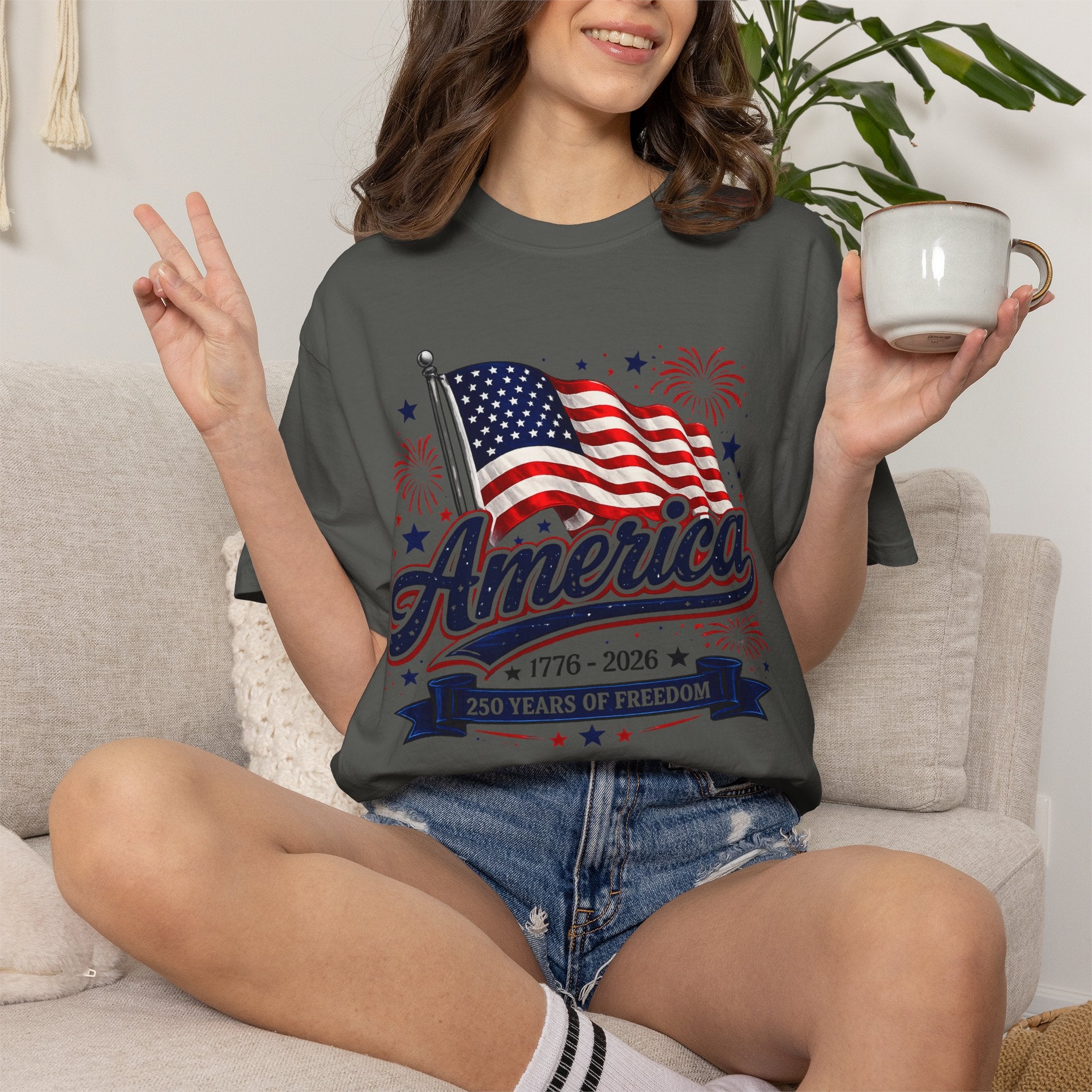America 250th Anniversary T-Shirt — "America" Flag & Fireworks 1776–2026