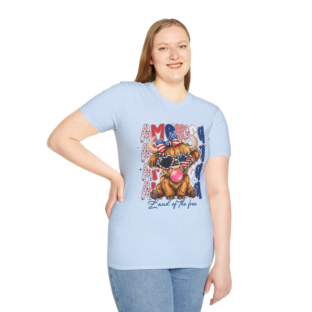 Patriotic Highland Cow T-Shirt — 'Land of the Free' 4th of July Tee