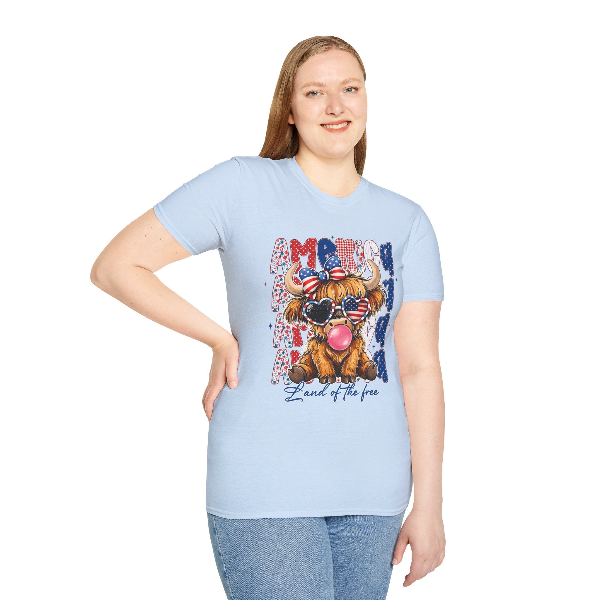 Patriotic Highland Cow T-Shirt — 'Land of the Free' 4th of July Tee