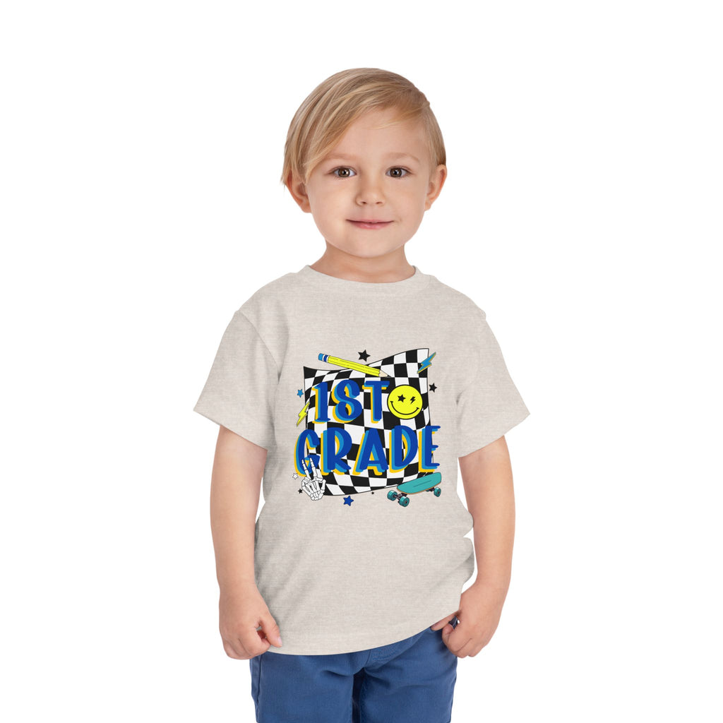 1st Grade Toddler Tee - Back-to-School Smile Skateboard Design