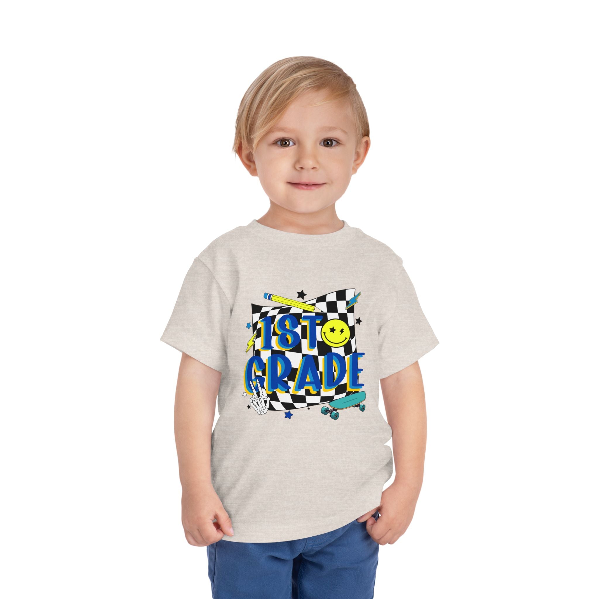 1st Grade Toddler Tee - Back-to-School Smile Skateboard Design