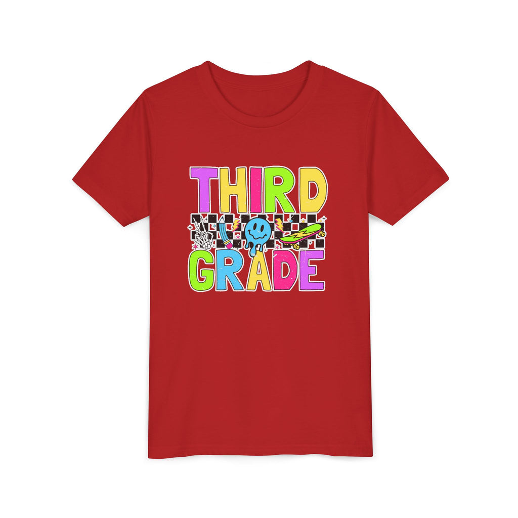 Third Grade Youth T‑Shirt — Colorful Checkerboard Smileback School Tee
