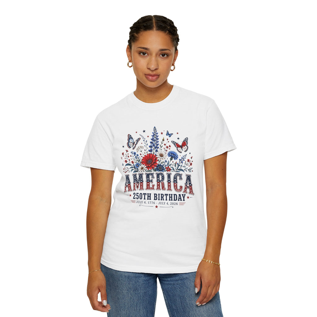 America 250th Birthday T-Shirt — Patriotic Floral July 4th Tee