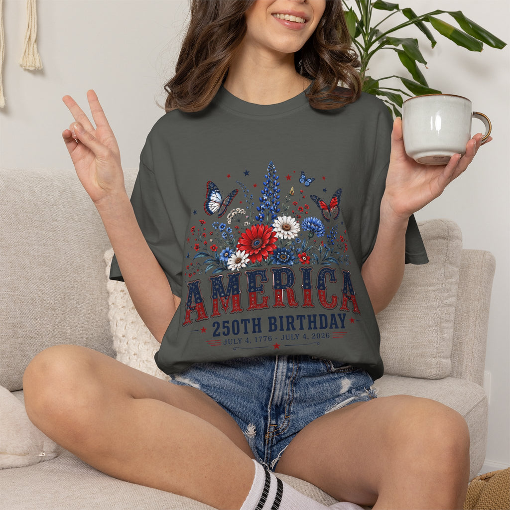 America 250th Birthday T-Shirt — Patriotic Floral July 4th Tee