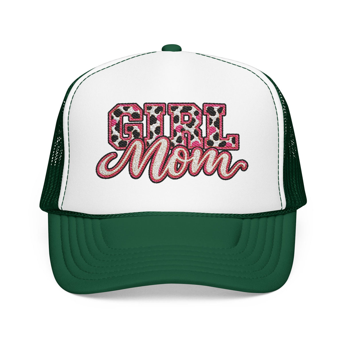 Girl Mom Leopard Foam Trucker Hat — Pink Glitter Script Mesh Cap