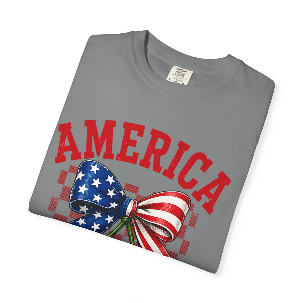 America Cherry Graphic T-Shirt — Patriotic Stars & Stripes Bow Tee