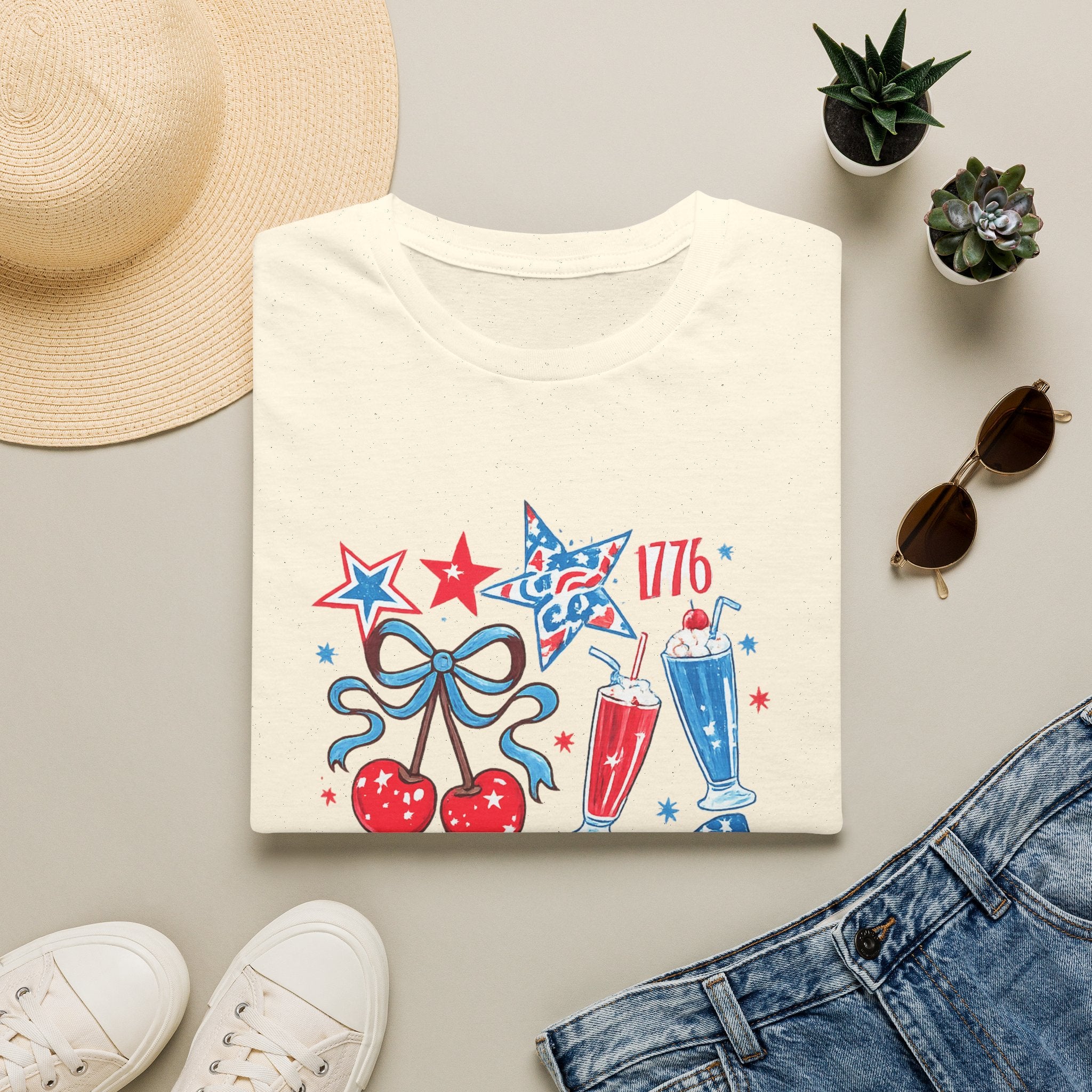 Patriotic 4th of July T-Shirt — USA 1776 Red White Blue Cherry & Soda Design